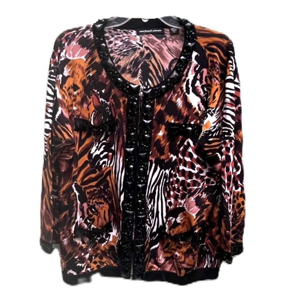 Michael Simon 3/4 Sleeve Cardigan Sweater Women's XL Black Brown Tiger Cheetah